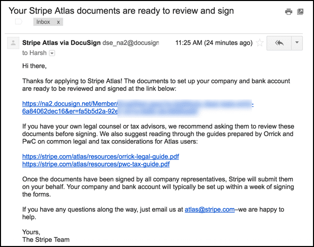 Stripe Atlas welcome email