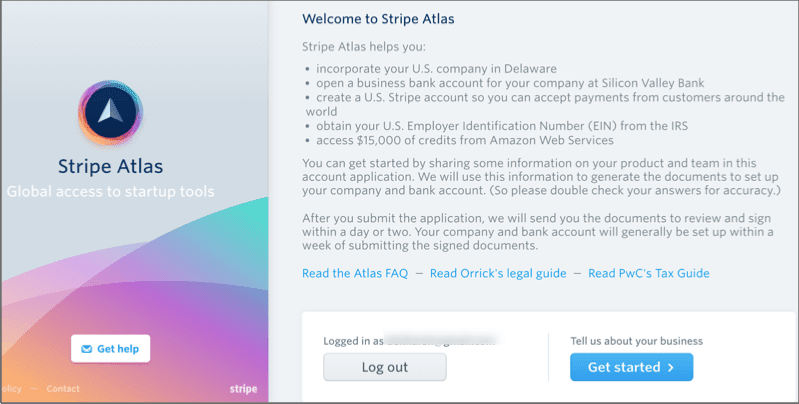 Stripe Atlas welcome screen