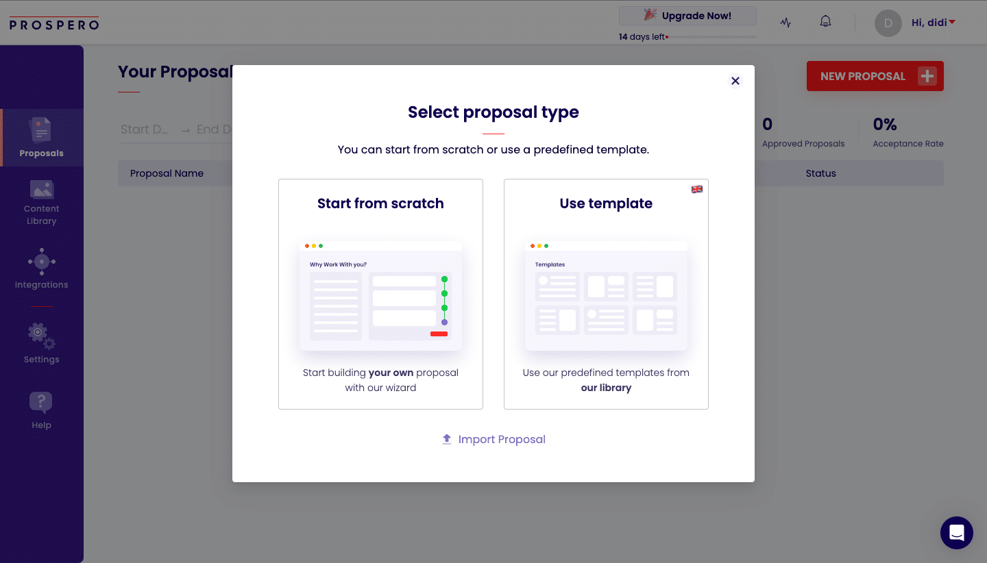 Prospero proposals dashboard showing the different business proposal types that can be created.