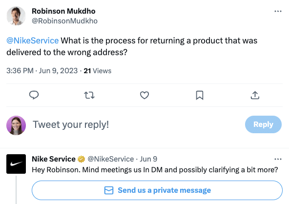 Nike customer service tweet.