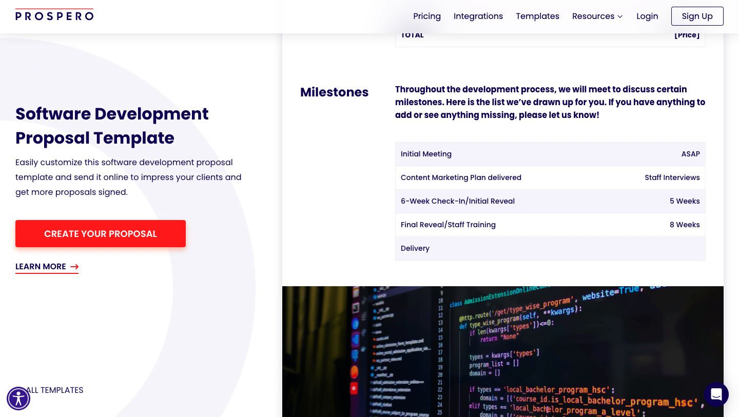 Software development proposal showing the milestones