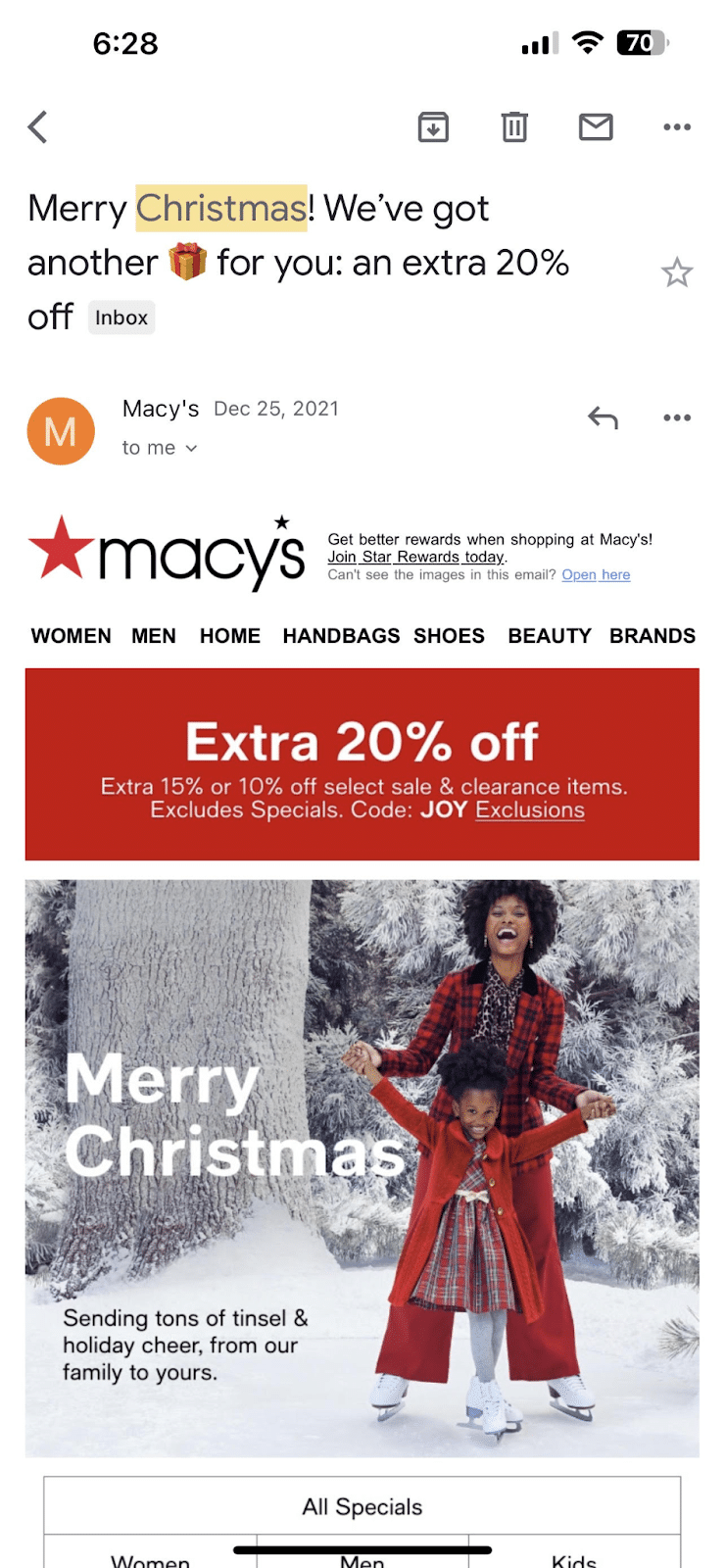 Screenshot of Macy's holiday discount email displayed on mobile device