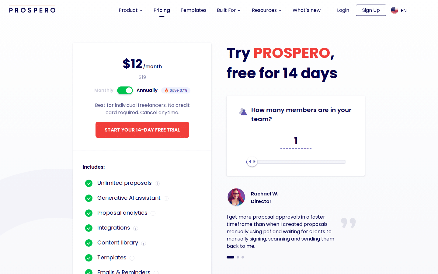 Prospero public pricing page showing proposal software pricing and included features