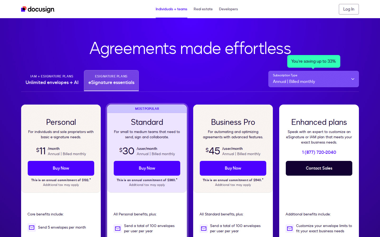 DocuSign public eSignature pricing page showing plans and envelope limits