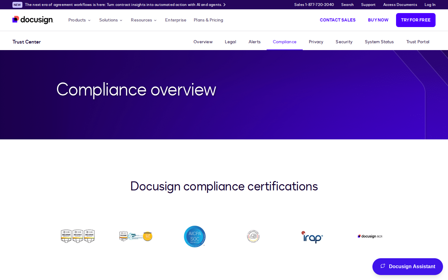 DocuSign public Trust Center compliance page showing security standards and certifications